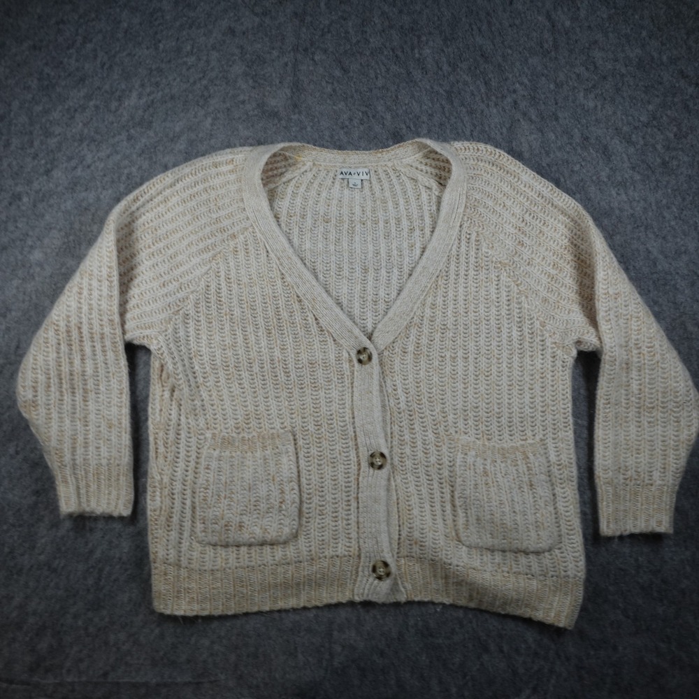 Ava Viv Cardigan Women X 14 Cream Ribbed Knit Button Front Pocket V Neck Chunky